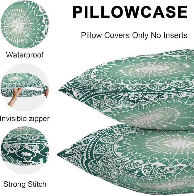 Vandarllin Outdoor Throw Pillows Covers 20x12 inch Set of 2 Waterproof Green Boho Floral Decorative Zippered Cushion Covers for Patio Furniture, Bohemian Sacred Space Art Lumbar Pillowcases
