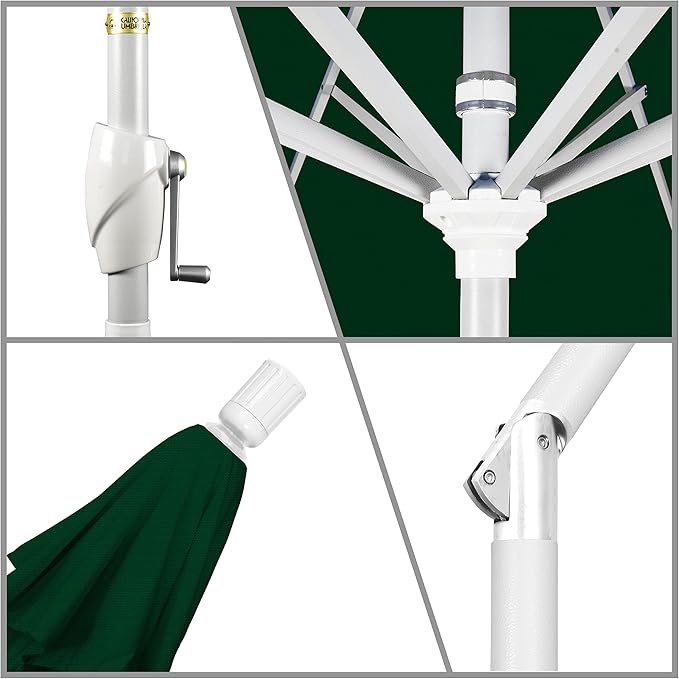 California Umbrella 9' Round Aluminum Market Umbrella, Crank Lift, Push Button Tilt, White Pole, Hunter Green Olefin