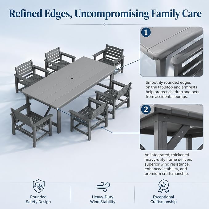 7-Piece Two-Tone Gray Patio Dining Table Sets, All-Weather HDPE Outdoor Furniture Set with Umbrella Hole, Light Gray Rectangular Table and 6 Dark Gray Chairs for Backyard Deck Garden