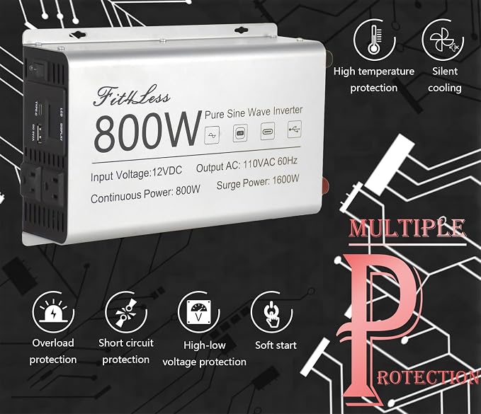 Pure sine Wave Inverter DC 12V Input and AC 110V Output with LCD Display, USB Output Port, Type-C Output Port(800W)