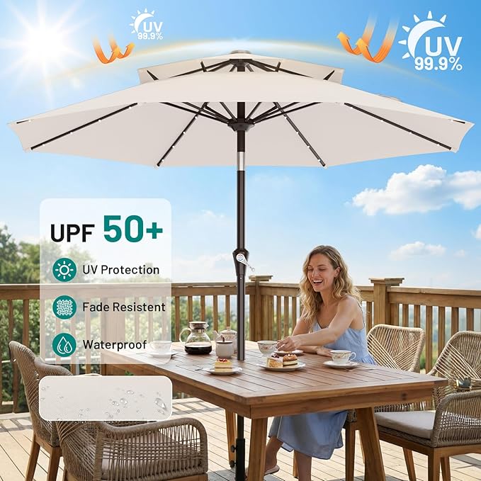 AreShark 9ft 2 Tiers Patio Umbrella with Solar Lights, Outdoor Umbrella w/ 32 LED Lights&8 Sturdy Ribs, Table Umbrella for Deck, Backyard, Pool(Ivory)