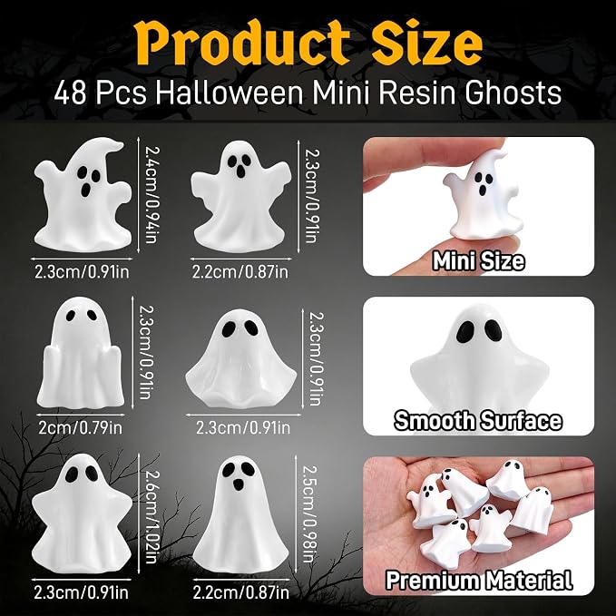 48 Pcs Halloween Mini Resin Ghosts Tiny Little White Ghost Figures Miniature Figurines for Halloween Party Tabletop Micro Landscape Decor