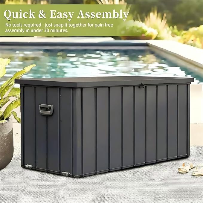 200 Gallon Weatherproof Outdoor Deck Box with UV-Resistant Rustproof Steel Panels & Hydraulic Rod, Garden Tool Chest with Side Handles & Rolling Wheels, Patio Storage Bin with Lockable Soft-Close Lid