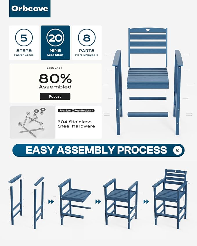 Patio Bar Table,Adirondack Chairs and Table 4 Pieces Set, Bar Height Chairs Set of 4, Outdoor Bar Stools Set,Weather-Resistant Outdoor Furniture for Deck, Balcony, Poolside Easy Assembly