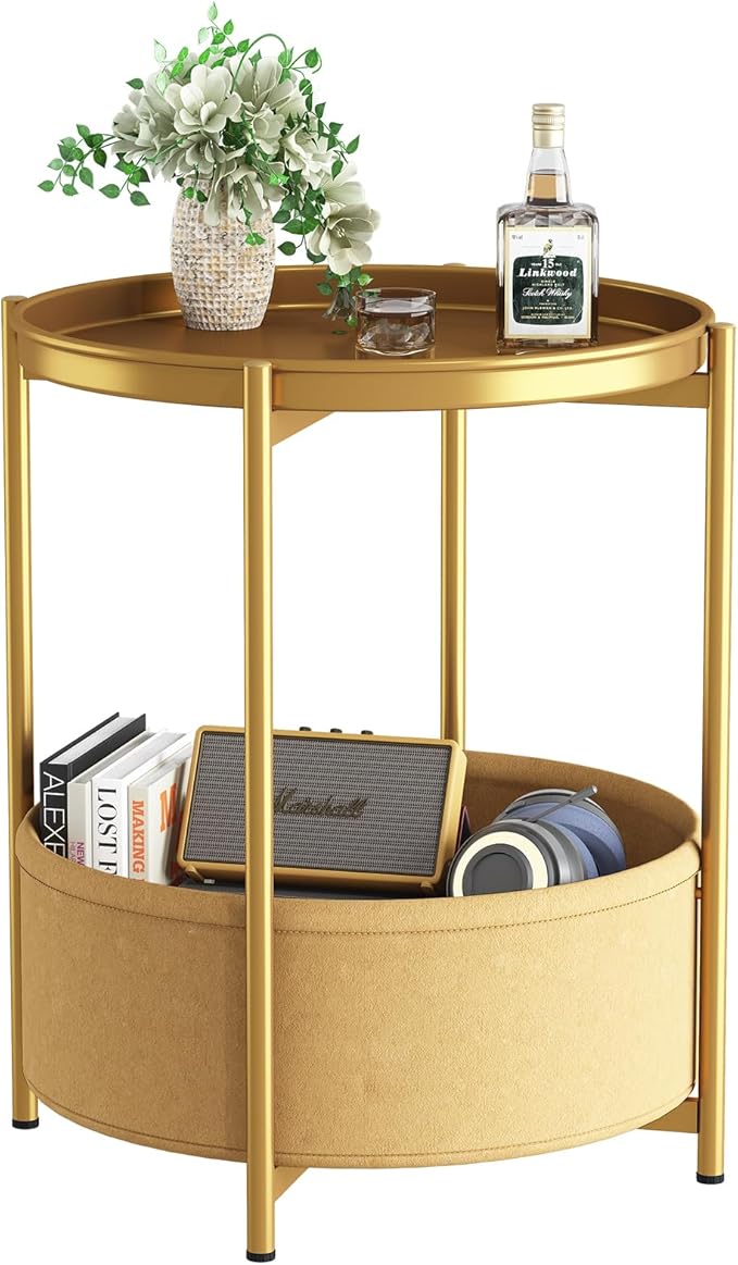 Garden 4 you Side Table with Fabric Storage Basket, Round Metal End Table, Small Bedside Table Nightstand with Removable Tray, for Nursery, Living Room, Bedroom, Bathroom, Gold