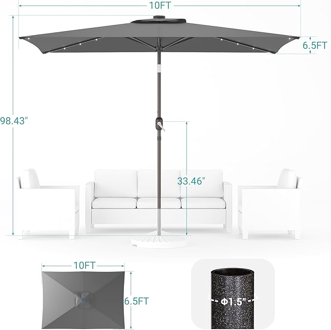 Rectangle Patio Umbrella with Solar Lights, 10 x 6.5ft Rectangular Outdoor Umbrella Table Market Patio Umbrella with Push Button Tilt and Crank for Garden, Deck, Backyard, Pool