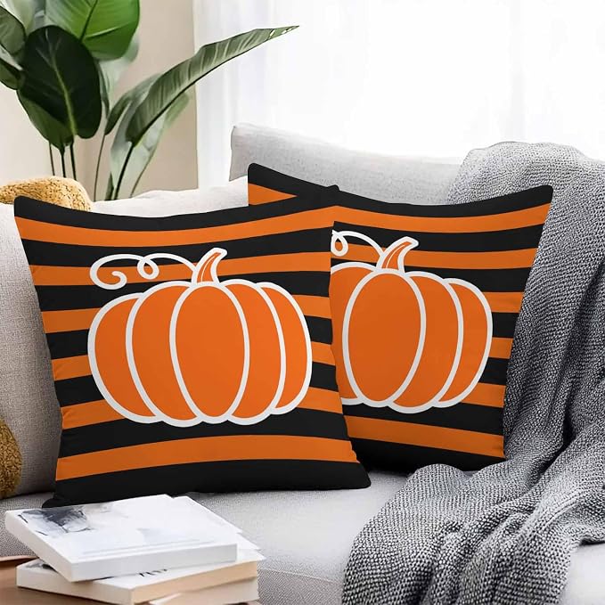 Orange Pumpkins Outdoor Waterproof Pillow Covers, Autumn Black Stripes Farmhouse Decorative Square Throw Pillowcase Sofa Cushion Sham for Patio/Couch/Chair, 18"x18" 2 Pack