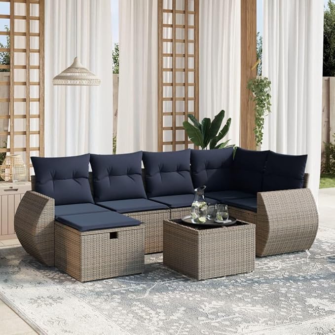 vidaXL Patio Sofa Set with Cushions 7 Piece, Outdoor Conversation Set, Sectional Sofa for Balcony Garden, Modern Style, Gray Poly Rattan