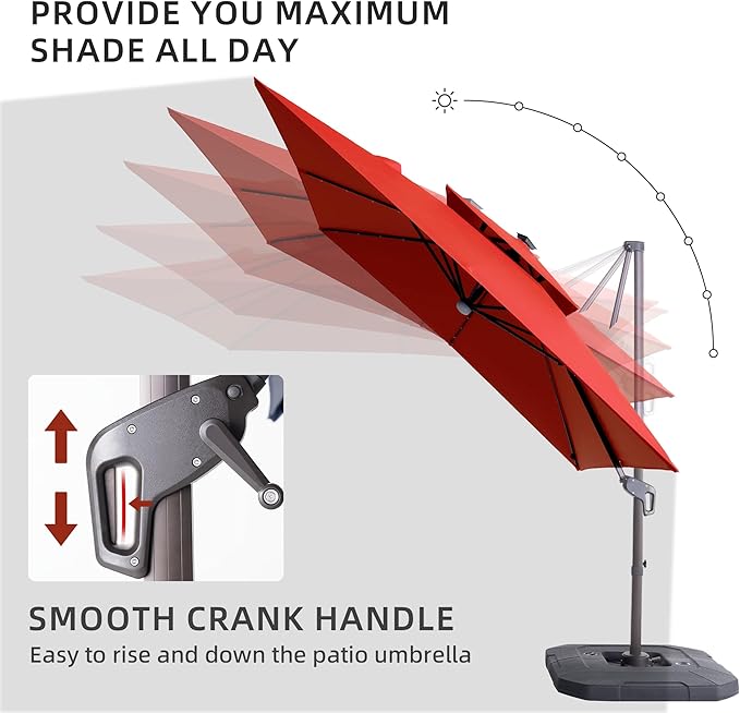 JZAC & QZYD 9x9 FT Outdoor Cantilever Patio Umbrella with Solar LED Lights, Large Heavy Duty 2-Tier Canopy Square Aluminum Offset Umbrellas with 360-Degree Rotation for Pool Deck Backyard, Red
