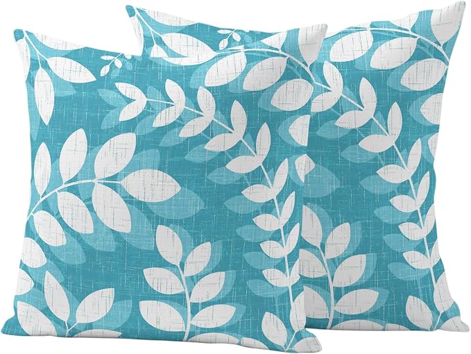 Teal Cyan Leaves Outdoor Waterproof Throw Pillow Covers 16x16 Set of 2, Farmhouse Botanical Branch Vintage Boho Leaf Decorative Pillowcases Cushion Pillowcase for Couch Sofa Patio Pillow Protector