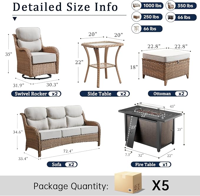 Luxury 6" Thick Cushion 9 Pieces Wicker Patio Furniture Set with 41”Fire Table, Outdoor Conversation Set with Patio Couch and Swivel Rocker Chairs for Deck Porch Yard and Poolside