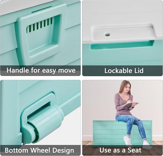 75 Gallon Outdoor Storage Box,Waterproof Deck Box with Lockable Lid&Wheels,Easy-open Outdoor Storage Bench with Handles for Garden,Pool,Balcony (Green)