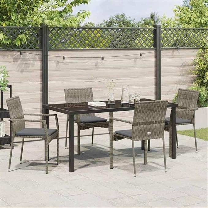 Afuera Living 5 Piece Poly Rattan Patio Dining Set with Cushions, Gray Finish, Tempered Glass Top, Weather-Resistant, Modern Outdoor Seating for Garden or Patio, Seating Capacity 4, Lightweight