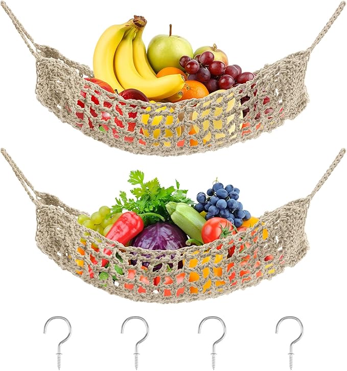 2Pcs Macrame Fruit Hammock, Cotton Fruit Holder Net, Under Cabinet Veggie Storage Space Saving Kitchen Decor with Hooks