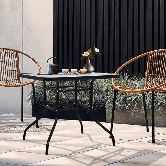 32" Square Outdoor Dining Table - Tempered Glass Top with Umbrella Hole,Weather-Resistant Metal Patio Table for Backyard,Poolside, Balcony, Garden - Black