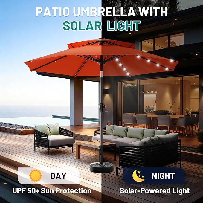 AreShark 9ft 2 Tiers Patio Umbrella with Solar Lights, Outdoor Umbrella w/ 32 LED Lights&8 Sturdy Ribs, Table Umbrella for Deck, Backyard, Pool(Orange)