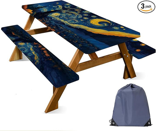 ANNA QUEEN Artistic Starry Night 6FT Picnic Table Cover with Bench Covers Set of 3 with Drawstring Bag, 72"x30" Waterproof Fitted Picnic Tablecloth & Bench Seat Covers for Outdoor Camping Patio