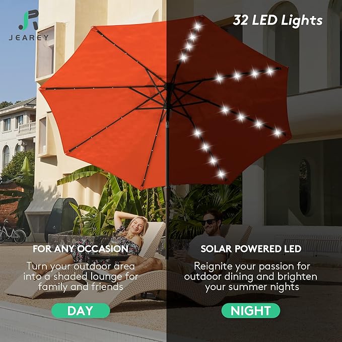 JEAREY 9FT Outdoor Patio Umbrella with Solar Lights, LED Lighted Pool Umbrella with Tilt and Crank, Outdoor Table Umbrellas for Deck, Yard & Market (Orange)