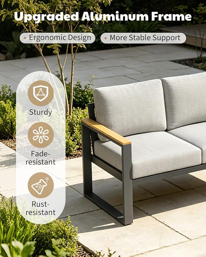 IDEALHOUSE Outdoor 2 Pieces Aluminum Patio Ottoman, Outdoor Footstool with Seat Cushions, Small Metal Outdoor Chairs for Balcony, Garden, Deck, Backyard,Gray
