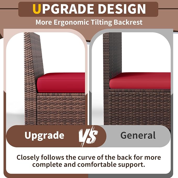 Outdoor Patio Furniture Set, 8‘’ Wide armrest Outdoor Sectional Rattan Sofa Set, Wicker Patio Furniture Sets w/Coffee Table,Thick Cushions for and Cover for Porch,Deck,8 PCS (Brown&Wine)