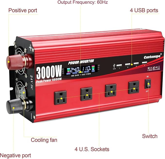 Cantonape 3000W Power Inverter 24V to 110V/120V DC to AC with LCD Display, Remote Controller 4 x AC Outlets and 4 x 3.1A USB Car Adapter for Car Truck Boat RV Solar System