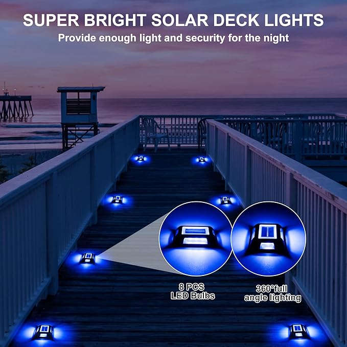 Solar Deck Lights Driveway Dock Lights- 8 Packs Waterproof 1200mAh Solar Powered Outdoor LED Aluminum Dock Lighting Road Markers Step Light for Driveway Sidewalk Garden Pathway Yard (Blue)