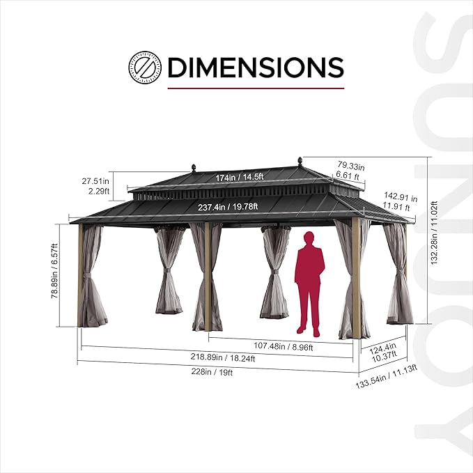 SUNJOY Kingston 20' x 12' Hardtop Wood Gazebo with Galvanized Steel Double Roof, Curtain and Netting, Cedar Posts Permanent Pavilion Gazebo for Garden, Patio, Deck, Lawn