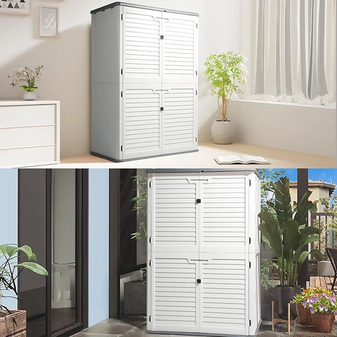 VINGLI Outdoor Storage Shed, Resin Storage Cabinet with Lockable Design, Weatherproof Tool Shed with HDPE Material, Resin Deck Box for Garden Tools, Pool Equipment, Garbage Cans, White (59 Cu.ft)
