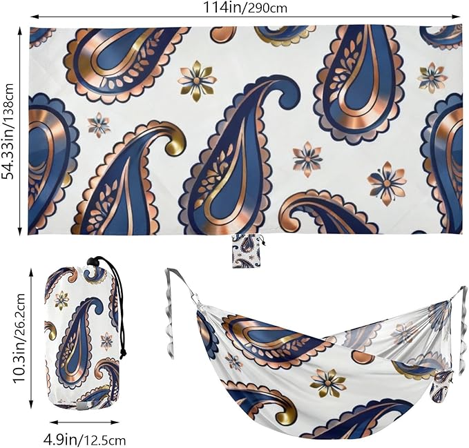 Blue Paisley Outdoor Hammocks with Tree Straps Fabric Hammock for Camping & Hiking Essential