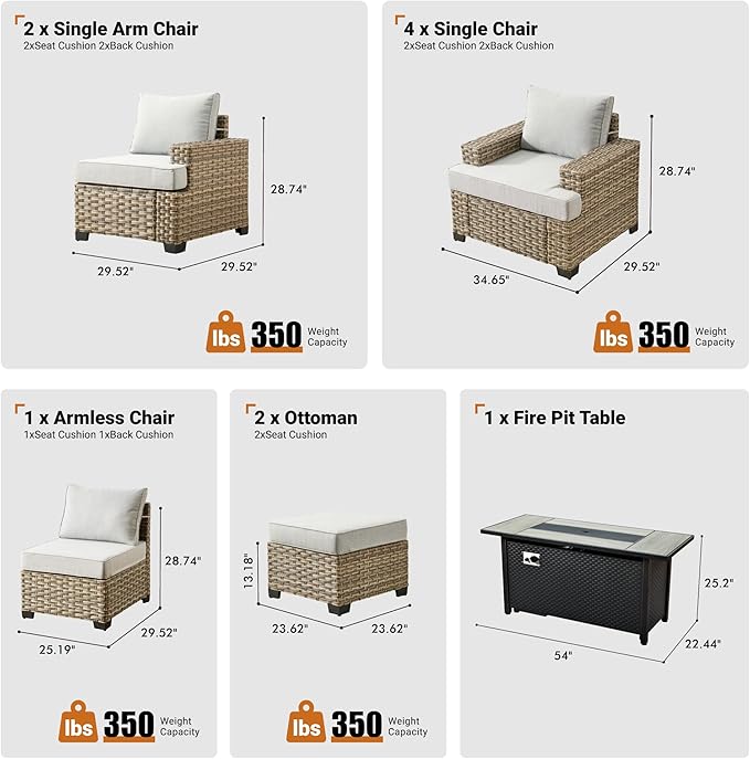 ovios 10 Piece Patio Sectional Furniture with 42in Fire Pit Table, Rattan Wicker Coversation Setwith Single Chairs, Outdoor Sofa Set for Outside Porch Balcony Backyard Pool, Light Grey