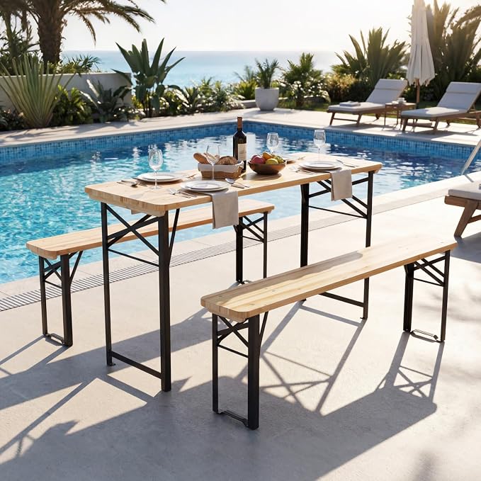 Tangkula 3 Piece Folding Picnic Table with 2 Benches, Foldable Wood Picnic Table Bench Set with Heavy-Duty Metal Frame for 4, Space-Saving Outside Table and Bench Set for Backyard, Patio, Garden