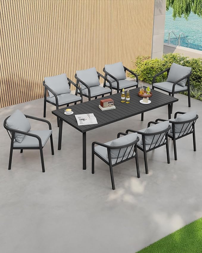 Outdoor Dining Table for 8, Never-Rust Aluminum Patio Dining Table, 82"×35" Large Rectangle Patio Table with Umbrella Hole, Outdoor Table Slatted Tabletop for Balcony, Deck, Commercial, Black