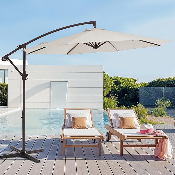 10FT Patio Umbrella, Outdoor Offset Cantilever Umbrella with Sturdy 8 Ribs, Easy Tilt Adjustment for Backyard Pool Garden,Off-White