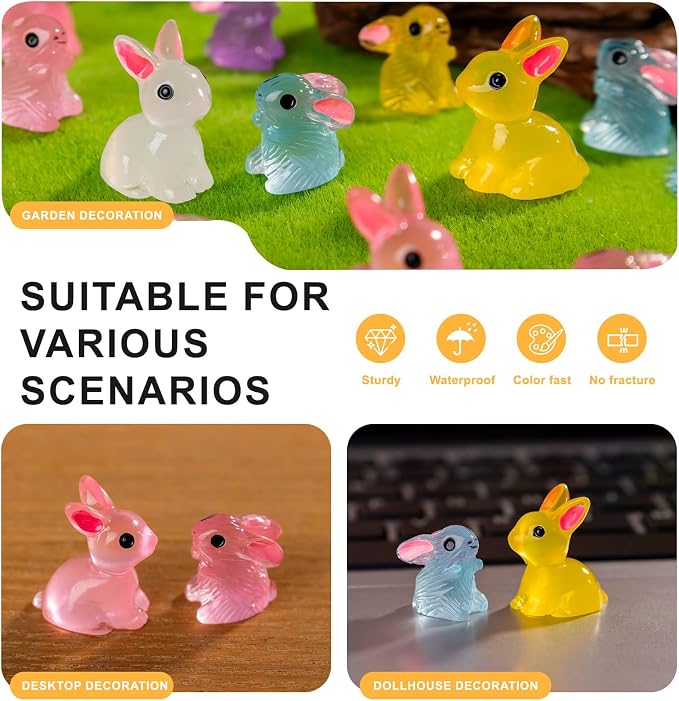 60 pcs Easter Mini Bunnies Luminous Small Rabbit Figures Miniature Little Small Animal Figurines Bulk for Micro Fairy Garden Landscape Accessories Hide Crafts Decor Aquarium