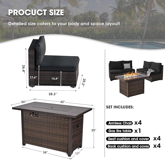 Outdoor Sectional Furniture, 5 Piece Patio Furniture Set with 42-inch Fire Wicker Propane Fire Pit Table - All Weather Wicker Rattan Sofa Conversation Set for Backyard Lawn Poolside Deck, Black
