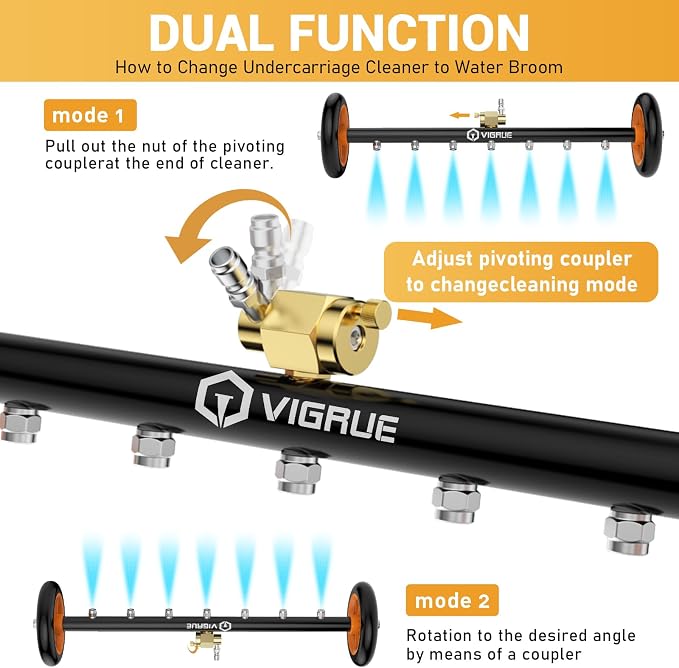 VIGRUE 2-in-1 undercarriage Pressure Washer Attachment,24 Inch Pressure Washer Water Broom with 7 Nozzles,Under Car Washer Cleaner with 3 Pieces Extension Wand,4000 PSI,Orange