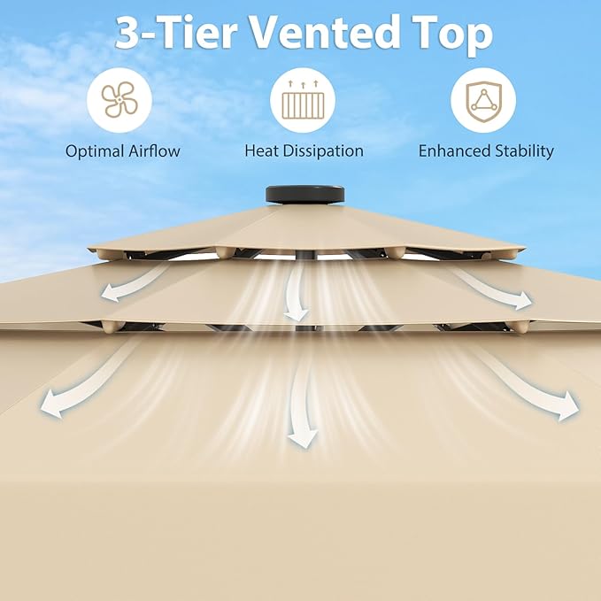 Tangkula 10 FT Solar LED Patio Umbrella, 3-Tiers Scalloped Outdoor Table Market Umbrella with 32 LED Lights, Tilt Adjustment, Crank, 8 Sturdy Ribs for Pool, Deck, Backyard (Beige)