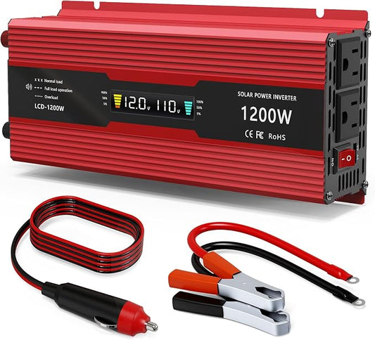 1200W Car Power Inverter DC 12V to 110V AC Converter 1200W Inverter Power Inverters with LCD Display and AC Outlets 2A USB Charging Port