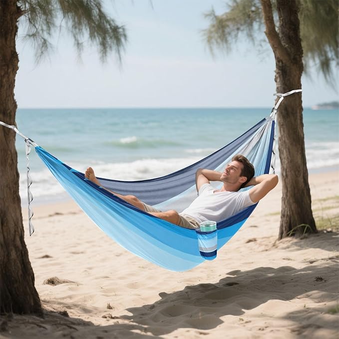 Blue Striped Camping Hammocks with Hanging Rope Hammock for Outside Essentials