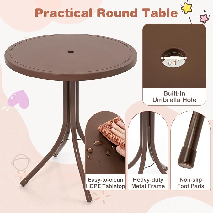 KOTEK Kids Picnic Table with Umbrella, Outdoor Table & 2 Folding Chairs, Cute Pattern Children’s Patio Furniture, Portable Kids Table and Chair Set for Backyard, Garden, Beach (Brown)
