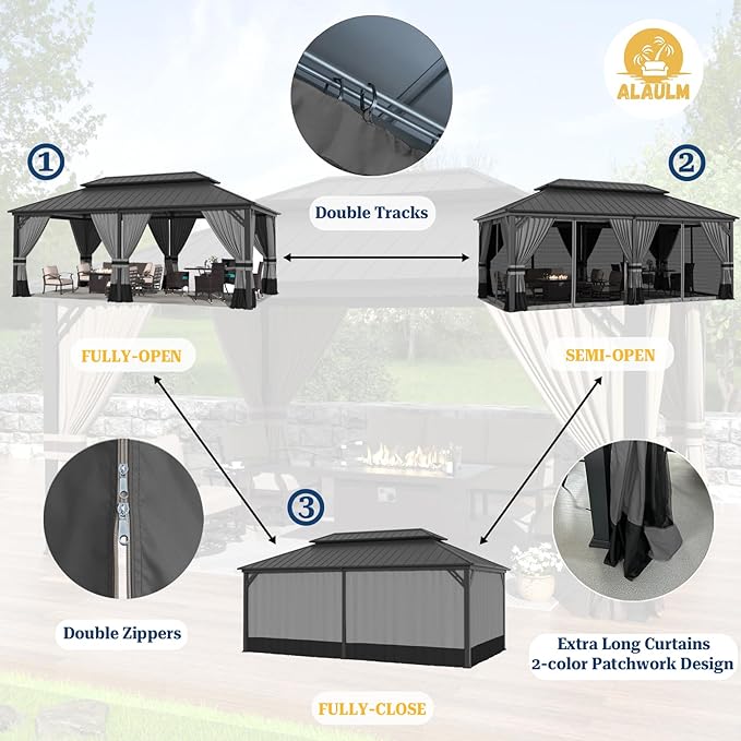ALAULM 12'x20' Hardtop Gazebo, Outdoor Double Roof Canopy with Netting and Curtains, Galvanized Metal Frame, Sunshade for Patio, Backyard, Deck and Lawns-Gray