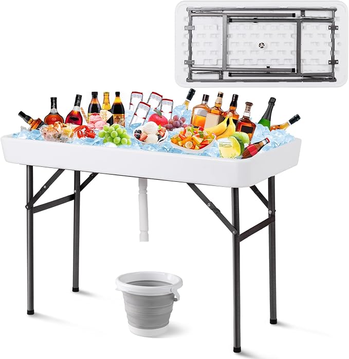 S AFSTAR 4 Foot Ice Cooler, Outdoor Buffet Cold Food Keeper w/Matching Skirt & Drain Plug, Portable Tailgate Camp Fishing Cleaning Table, Ice Bin Folding Chill Table for Party, Picnic, BBQ