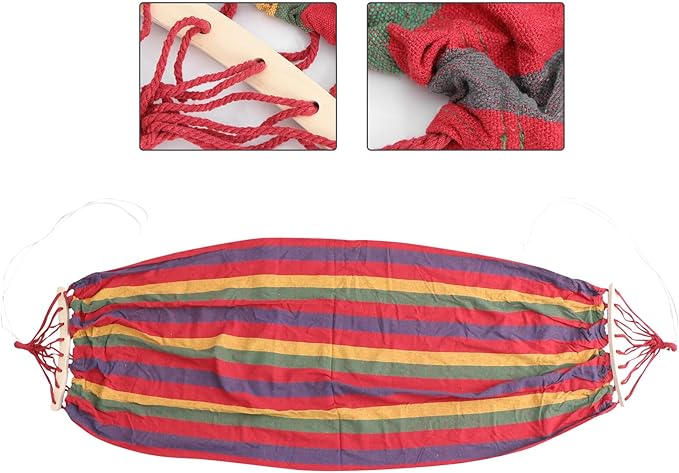 Widened Single Rainbow Striped Canvas Hammock for Outdoor Travel and Camping, Anti-tip Leisure Swing Suitable for Adults, Red Cotton Portable Patio Hammock