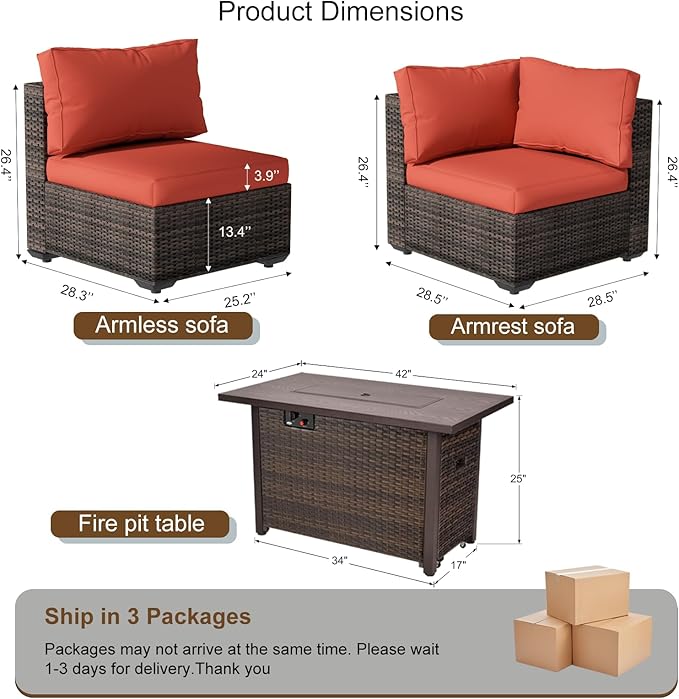 7-Pieces Patio Furniture Sets Outdoor Sectional Sofa with 44'' Propane Rattan Wicker Firepit Table, Patio Sectional Conversation Set with Cushions for Backyard, Poolside, Garden Red