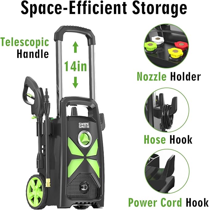 Electric Pressure Washer, SWIPESMITH 2800 Max PSI 2.4 GPM Power Washer with Telescopic Handle, Car Wash Machine with 4 Quick Connect Nozzles, Foam Cannon, for Cars, Patios, and Floor Cleaning