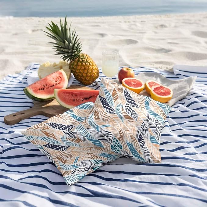 Vandarllin Outdoor Throw Pillows Covers 24x24 inch Set of 2 Waterproof Summer Beach Decorative Zippered Cushion Covers for Patio Furniture, Yellow Blue Ombre Abstract Leaf Lines Lumbar Pillowcases