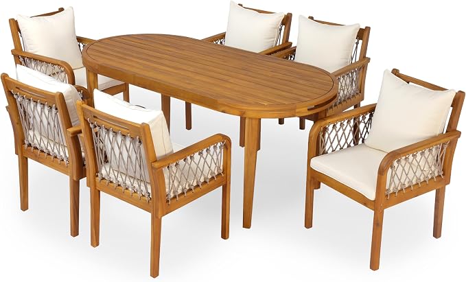 Christopher Knight Home Domac Acacia Wood Dining Table Set for 6, Solid Wood Outdoor Dining Set for 6, Oval Patio Dining Table and Chair Set with Cushion & Rope Accent, Cream Beige + Oatmeal + Teak