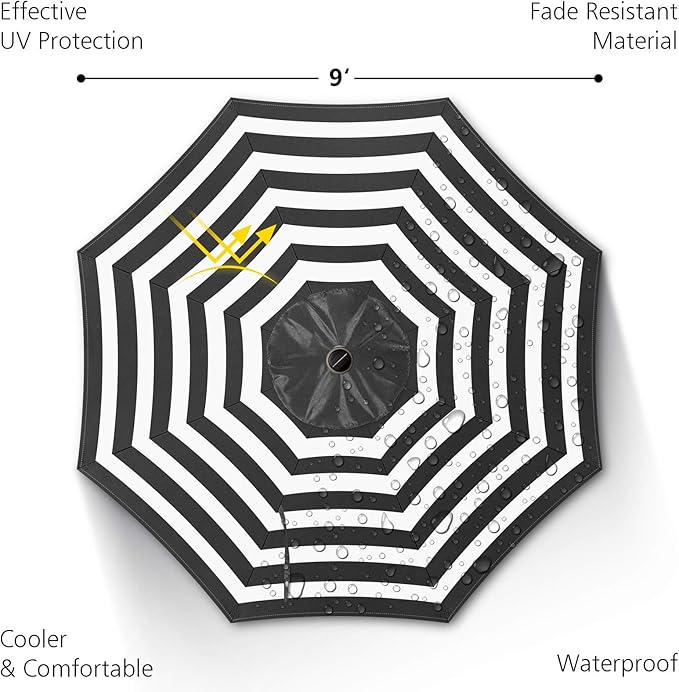 9ft Patio Umbrella with Solar Lights, Outdoor Umbrella with 24 LED Solar Umbrella Lights, Solar Patio Umbrella with Push Botton Tilt & Crank Ideal for Garden, Backyard & Pool, Black Stripe