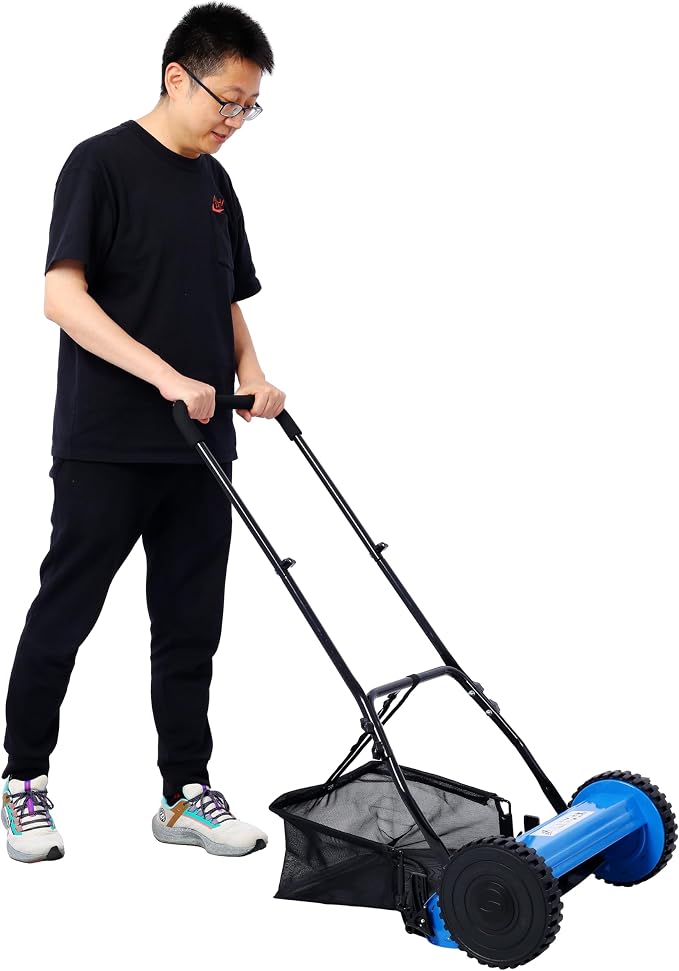 Ochine 14-Inch 5-Blade Push Reel Lawn Mower, Cordless Manual Reel Lawn Mower Walk-Behind Steel Lawn Mowers for Farms, Parks, Yards and Courts