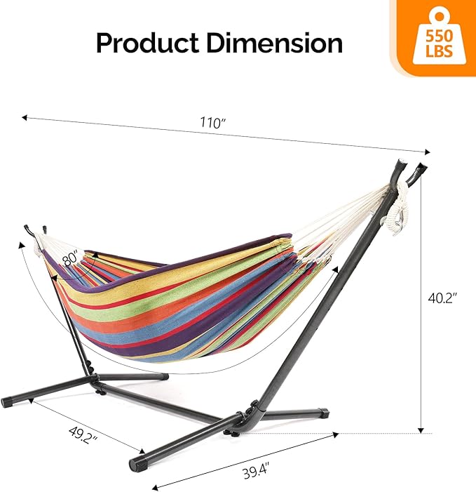 ONCLOUD 550 LB Capacity Double Hammock with Stand – Portable Bag Included (Rainbow Stripe)